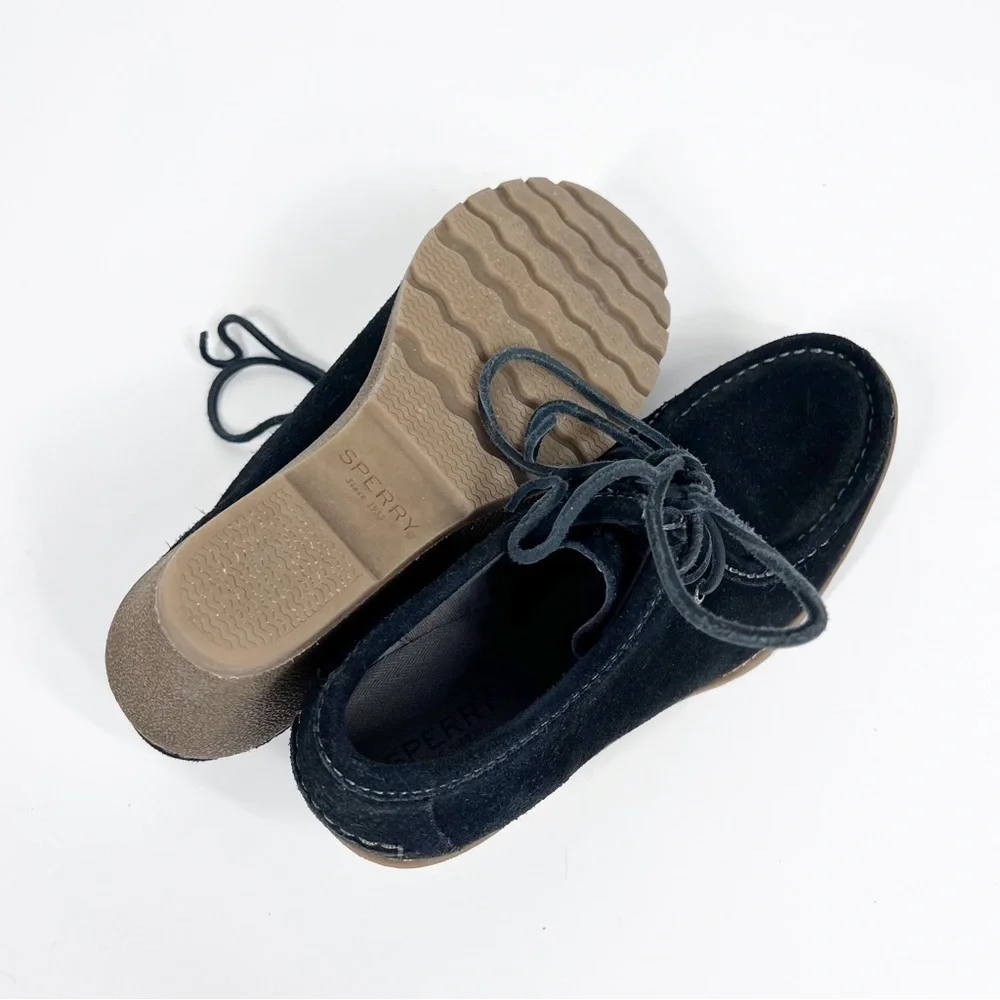 Sperry Stella Black Suede lace up wedge bootie